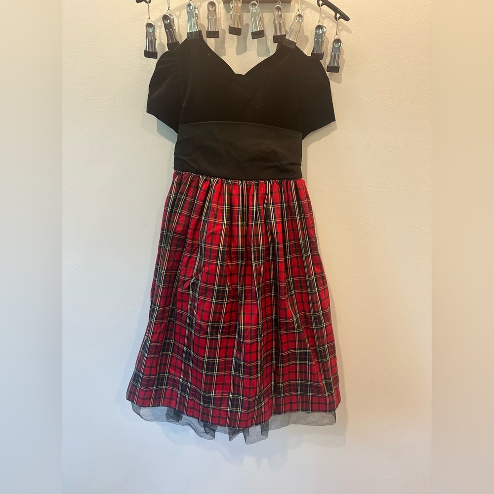 Vintage Laura Ashley Velvet & Silk Tartan Holiday Party Dress w/ Bow | Size 5